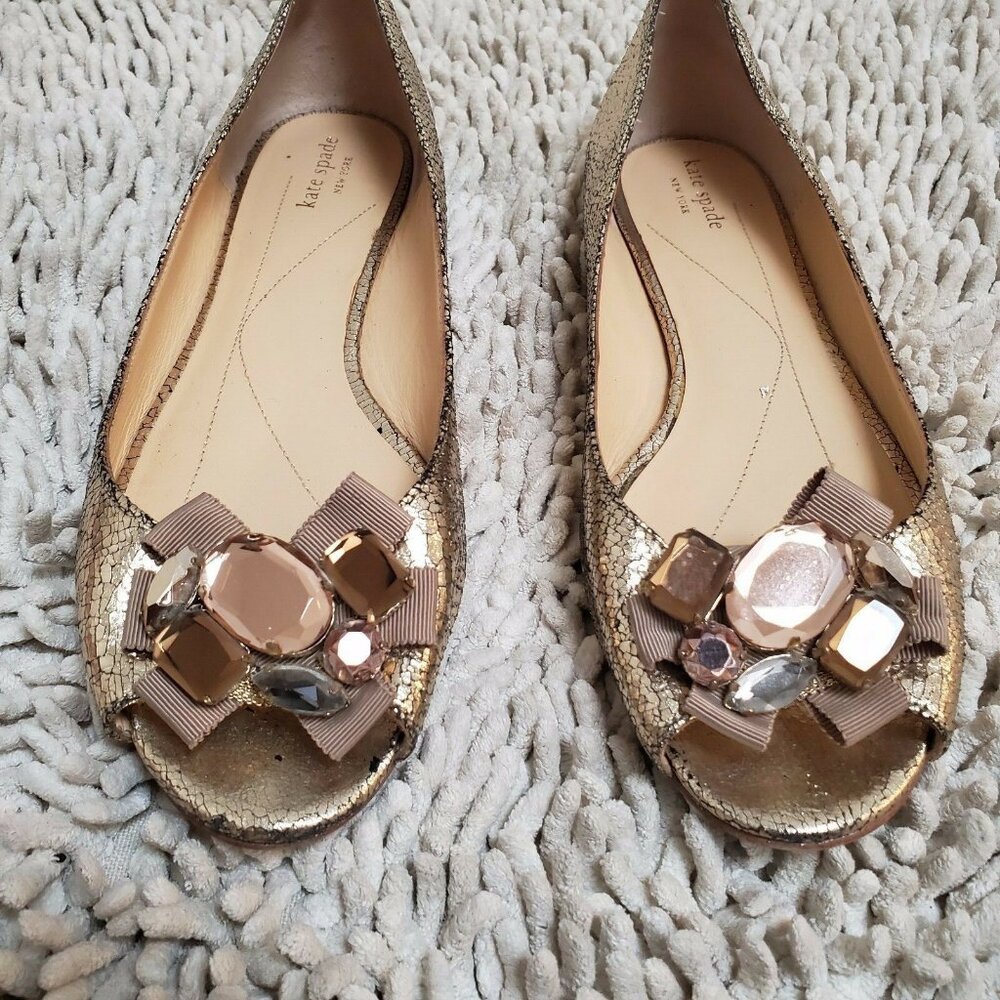 Kate Spade New York Gold Cracked Leather Rhinestones and Ribbon Peep Toe Flats